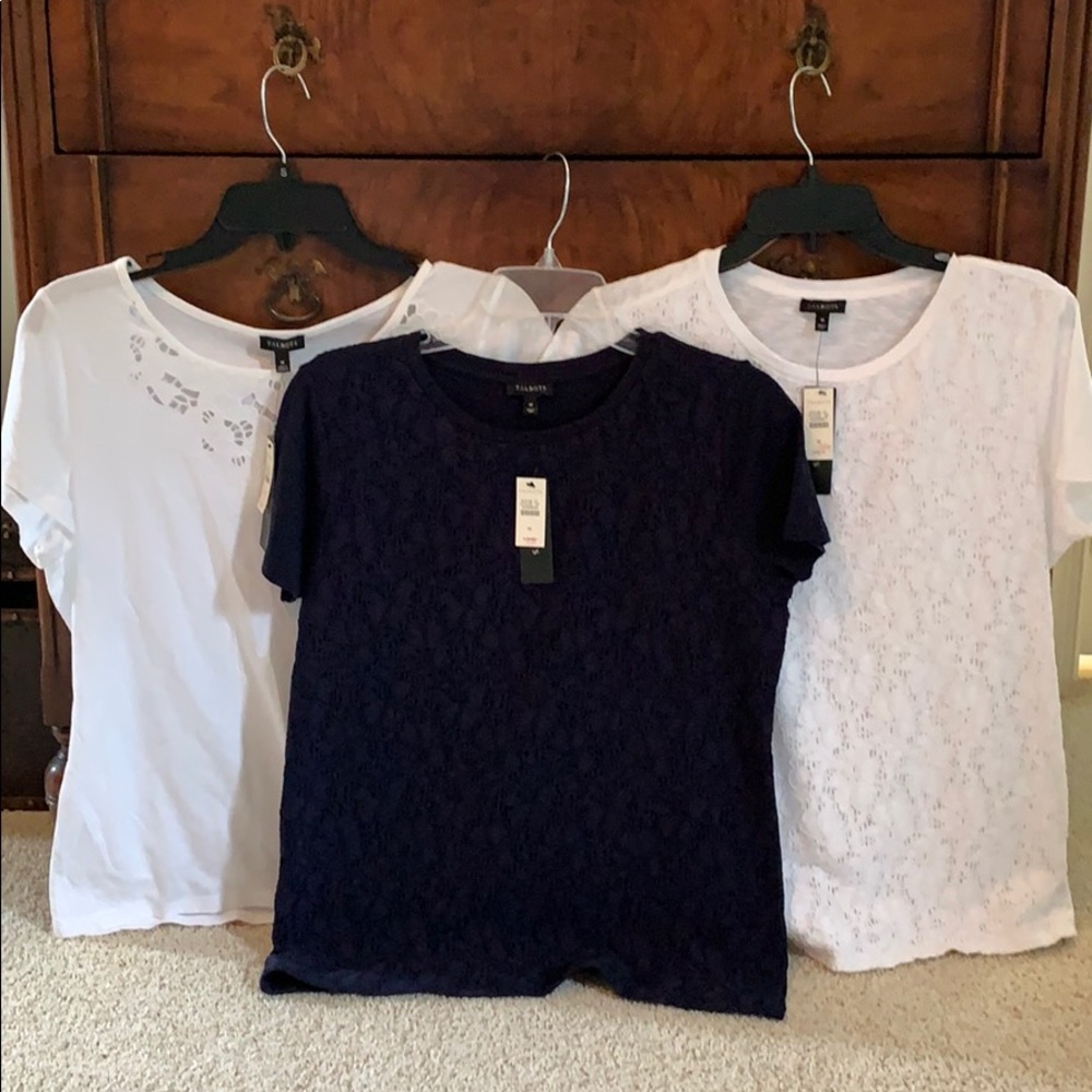 3 NWT Talbots Tops White Navy Lace Shirt Sleeve M
